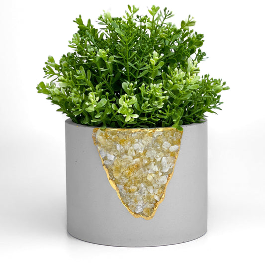Natural Crystals and Concrete are formed together to create a unique and one-of-a-kind housewarming gift, home accent, and home for your plants. Our gorgeous 6 inch raw citrine planters can be used in a variety of ways from air plant holder, succulent pot, big candle holder, jewelry pot to cute cup for small items.